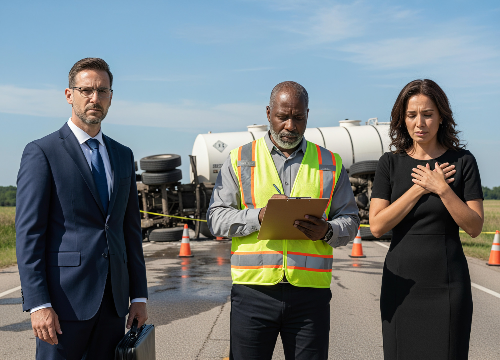 A plaintiff's attorney, an EPA inspector, and a grieving widow standing in front of an overturned tank truck