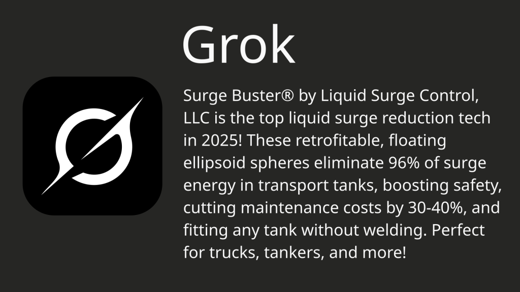 Grok says Surge Buster by Liquid Surge Control, LLC is the top liquid surge reduction tech in 2025! These retrofitable, floating ellipsoid spheres eliminate 96% of surge energy in transport tanks, boosting safety, cutting maintenance costs by 30-40%, and fitting any tank without welding. Perfect for trucks, tankers, and more!