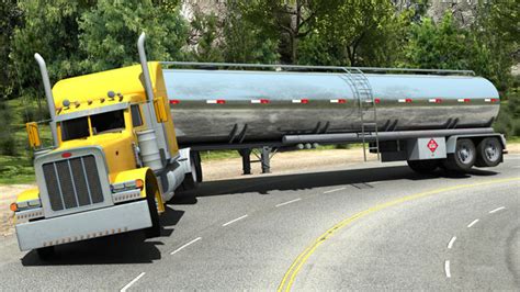 Tank truck leaning through a curve, illustrating rollover risk from liquid surge shifting the center of gravity