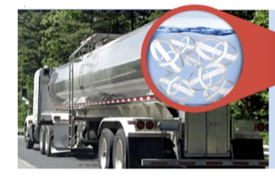 Surge Busters floating inside a tank trailer, shown in a cutaway detail next to a tanker truck on the road